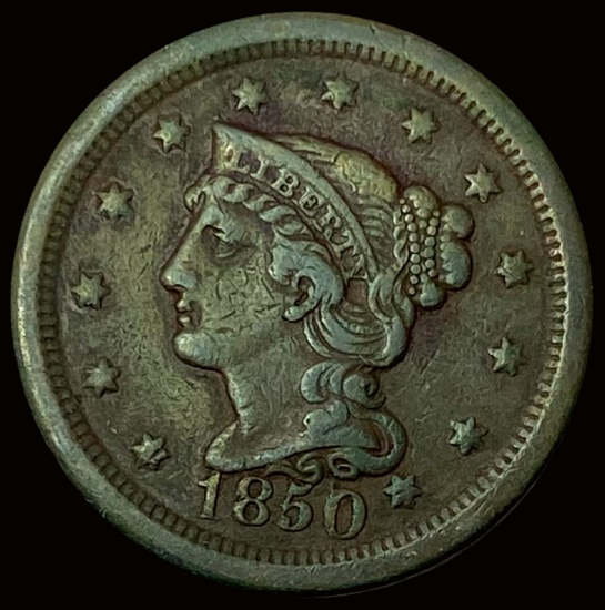 1850 Braided Hair Large Cent LIGHTLY CIRCULATED