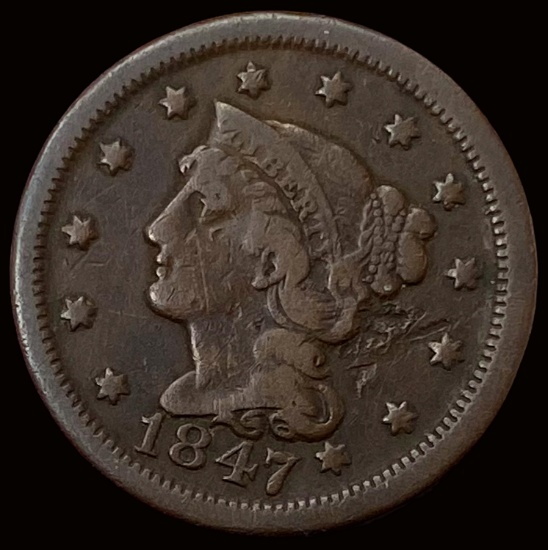 1847 Braided Hair Large Cent LIGHTLY CIRCULATED