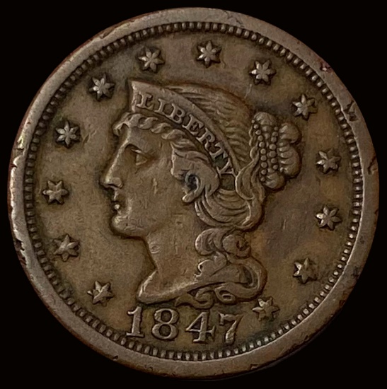 1847 Braided Hair Large Cent LIGHTLY CIRCULATED