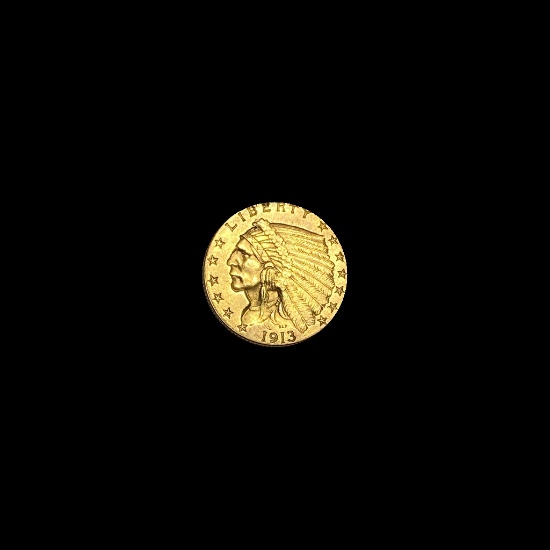 1913 Indian Head Gold $2.50 Quarter Eagle CHOICE AU