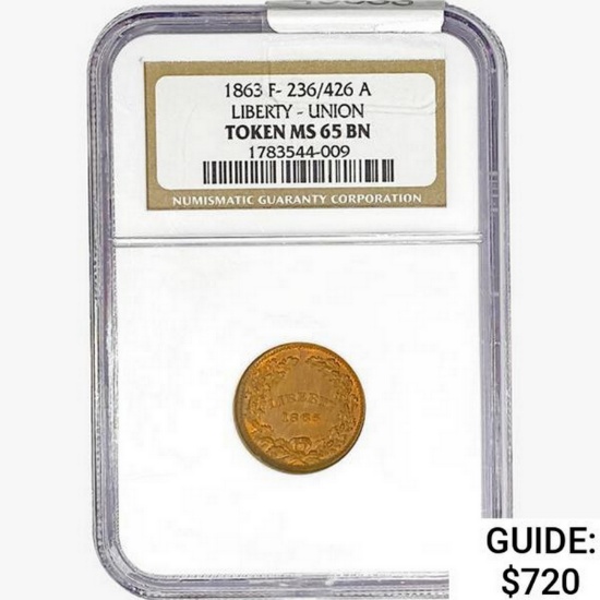 1863 Liberty Union Token NGC MS65 BN F-236/426a