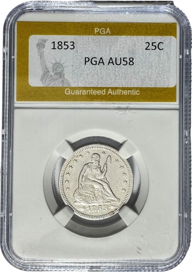 1853 Seated Liberty Quarter PGA AU58