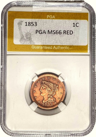 1853 Braided Hair Large Cent PGA MS66 RED