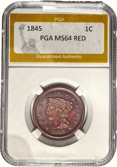 1845 Braided Hair Large Cent PGA MS64 RED