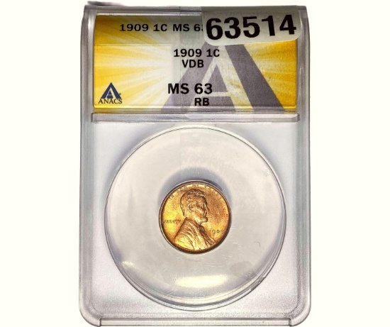 1909 Wheat Cent ANACS MS63 RB VDB