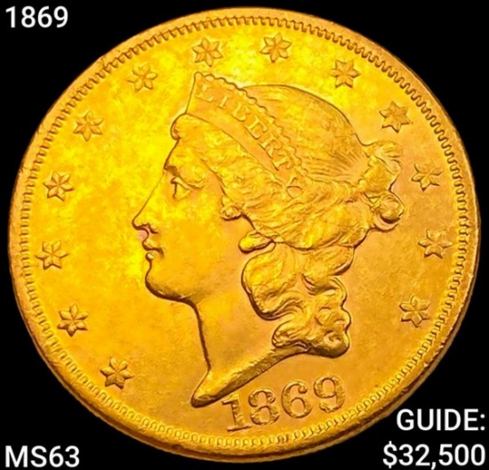 1869 $20 Gold Double Eagle CHOICE BU
