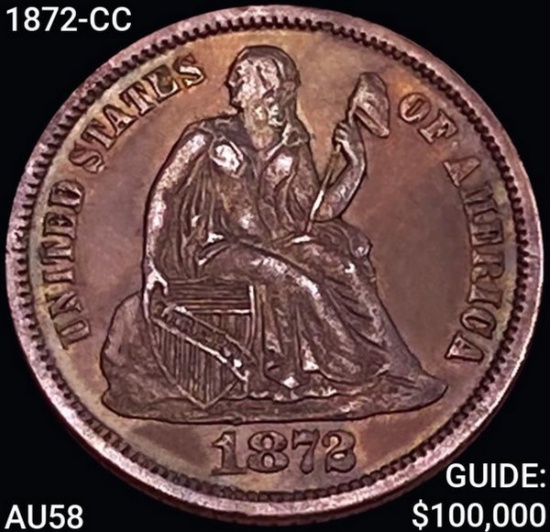 1872-CC Seated Liberty Dime CHOICE AU