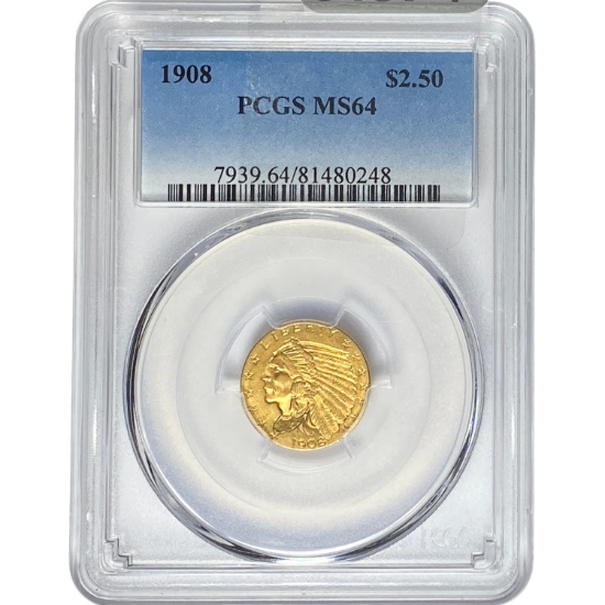 1908 $2.50 Gold Quarter Eagle PCGS MS64