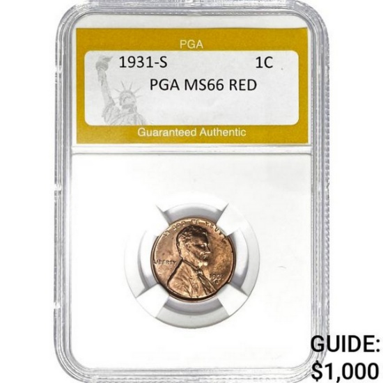 1931-S 1C Lincoln Wheat PGA MS66 RED