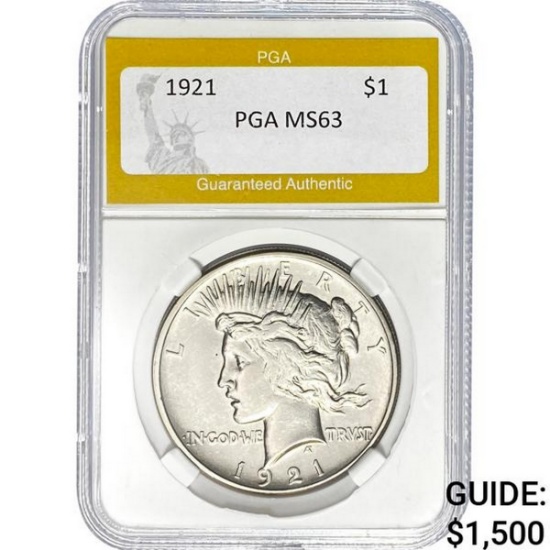 1921 Peace Dollar PGA MS63 SILVER