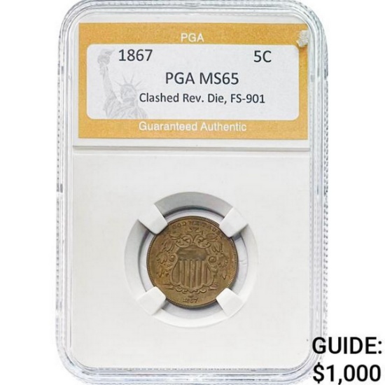 1867 5C Shield Nickel PGA MS65