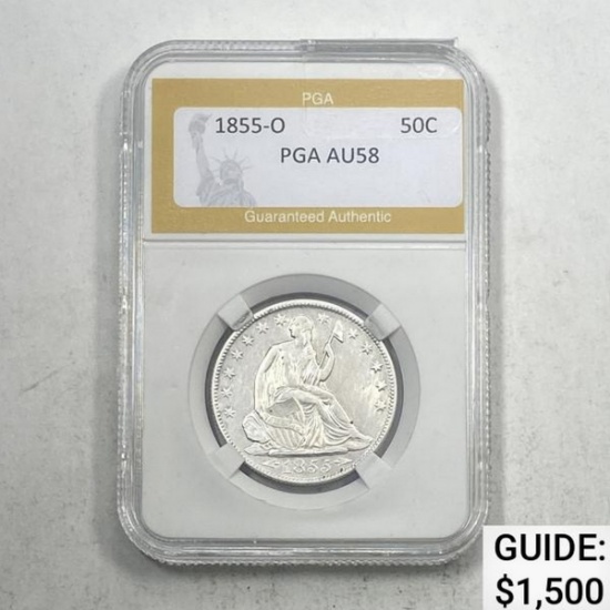 1855-O Arrows 50C Seated Liberty PGA AU58