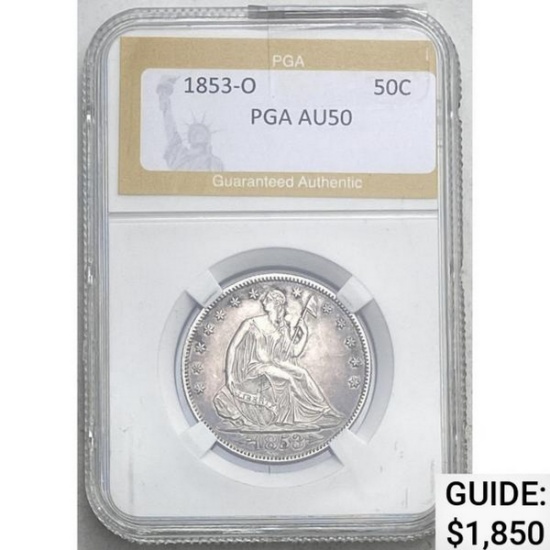1853-O Arrows Seated Liberty Half Dollar PGA AU50