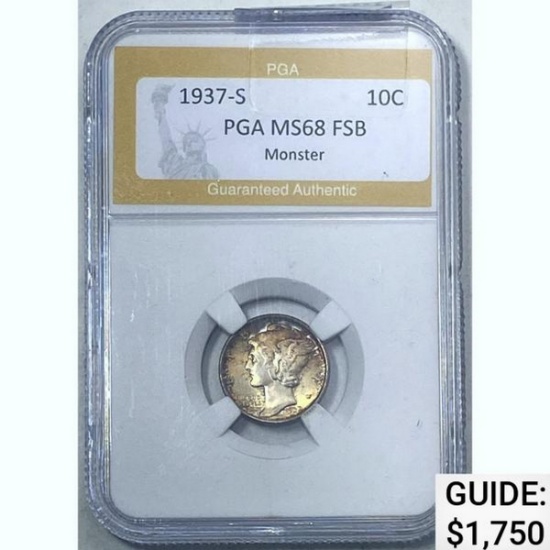1937-S Mercury Silver Dime PGA MS68 FSB Monster