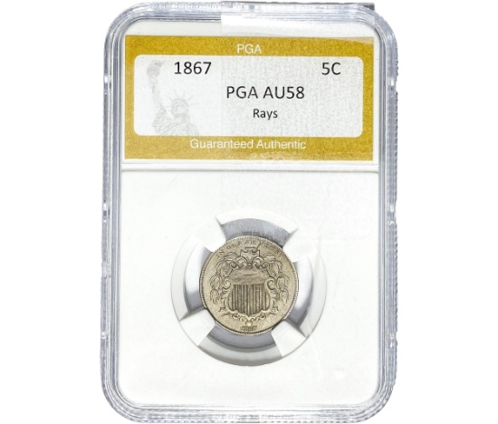 1867 Shield Nickel PGA AU58 Rays