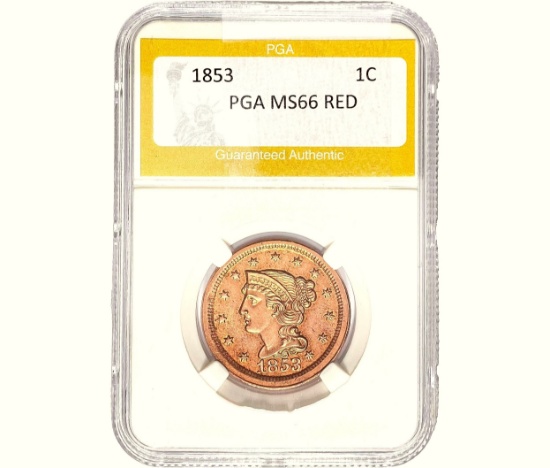 1853 Braided Hair Large Cent PGA MS66 Red