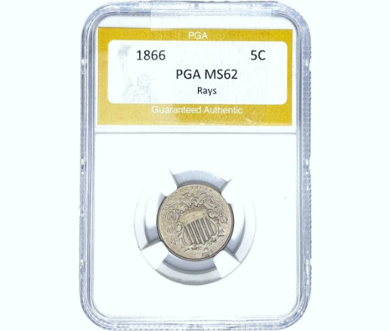 1866 Shield Nickel PGA MS62 Rays