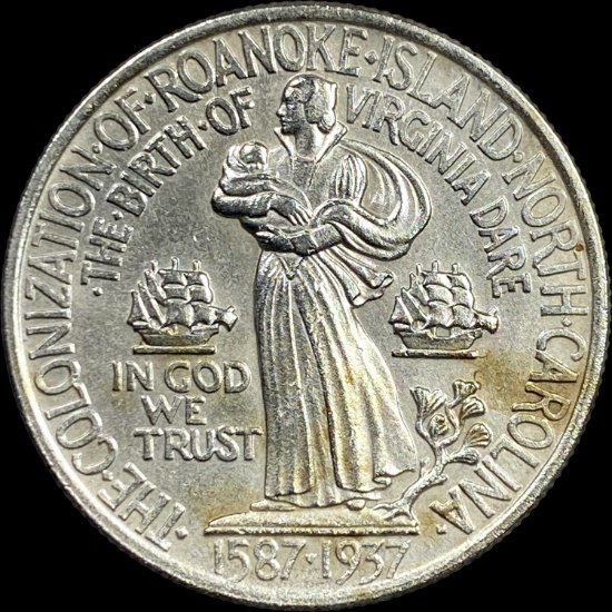 1937 Silver Roanoke Island Half Dollar CLOSELY UNCIRCULATED
