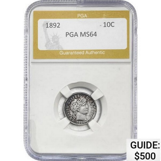1892 Barber Dime PGA MS64