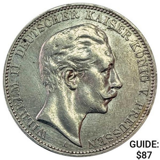 1908-A Germany Silver 3 Reichsmark CLOSELY UNCIRCULATED