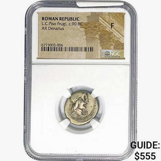 Roman L.C. Piso Frugi, c.90 BC AR Denarius NGC F