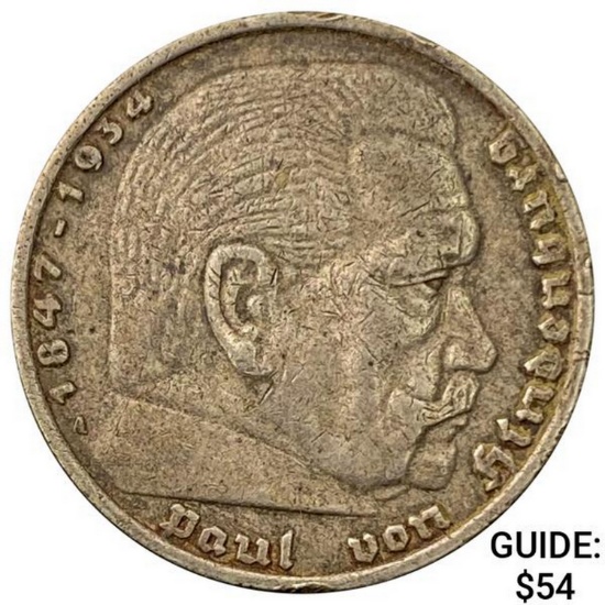 1935-A Germany Silver 5 Reichsmark NEARLY UNCIRCULATED