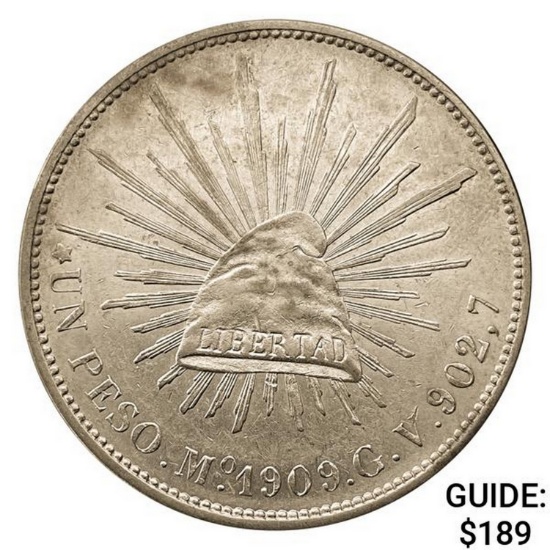 1909Mo GV Mexico Silver Peso CHOICE AU