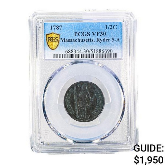 1787 Massachusetts, Ryder 5-A 1/2C PCGS VF30