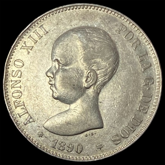 1890 Spain Alfonso XIII Silver 5 Plesetas CLOSELY UNCIRCULATED