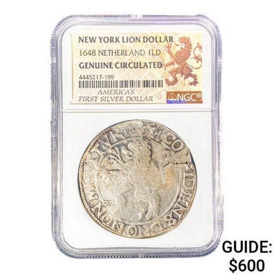 1648 New York Lion Dollar Netherland 1LD NGC GENUINE