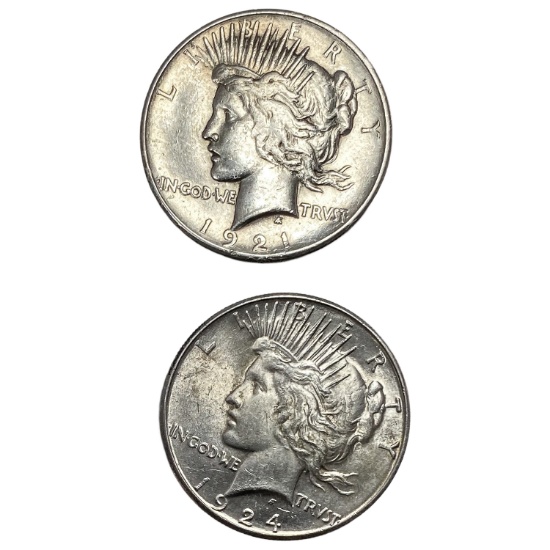 1921, 1924-S High Grade Key Date Sil Peace Dollar [2 Coins]