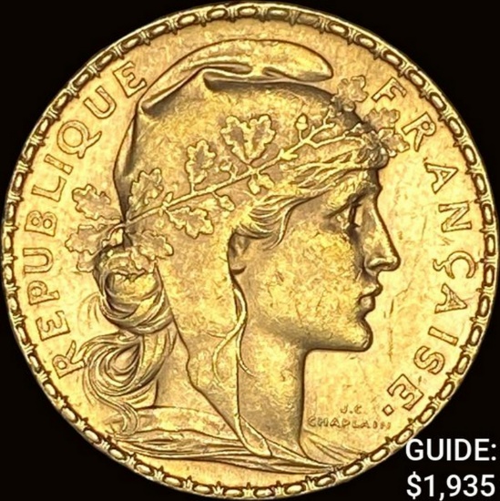 1909 France Rooster Gold 20 Franc .1867oz UNCIRCULATED