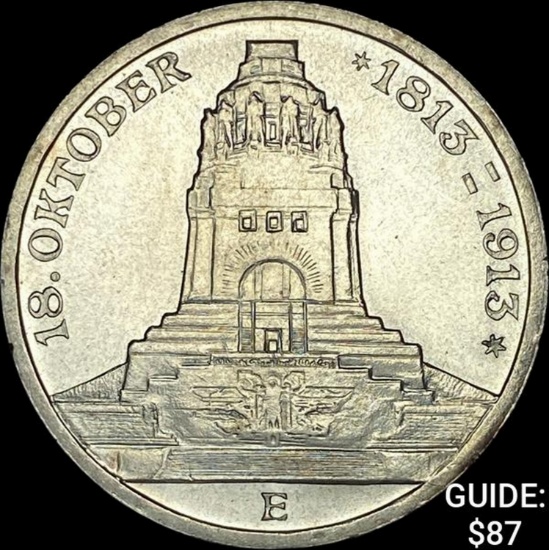 1913 Saxony Silver 3 Reichsmark UNCIRCULATED