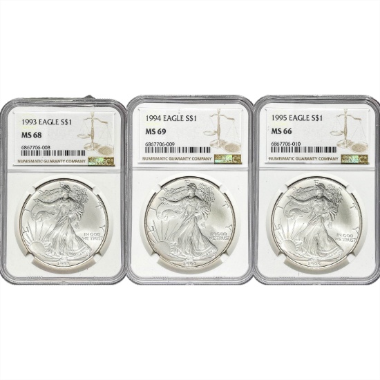 1993-1995 GEM BU US Silver Eagle Lot [3 Coins] NGC MS66-69