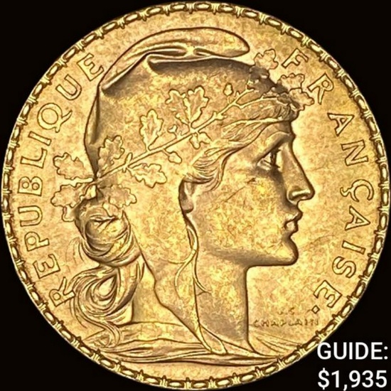 1913 France Rooster Gold 20 Franc .1867oz UNCIRCULATED