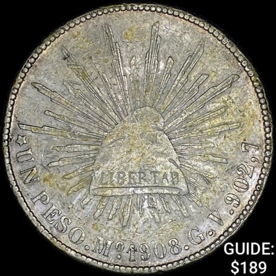 1903Mo GV Mexico Silver Peso Cap & Ray NEARLY UNCIRCULATED