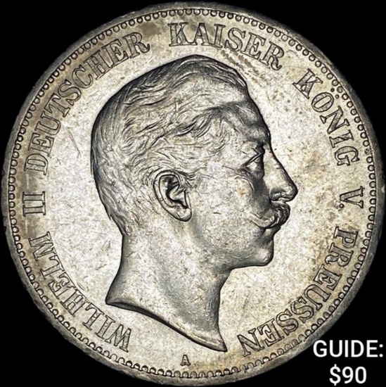 1907-A Germany Silver 5 Reichsmark CLOSELY UNCIRCULATED