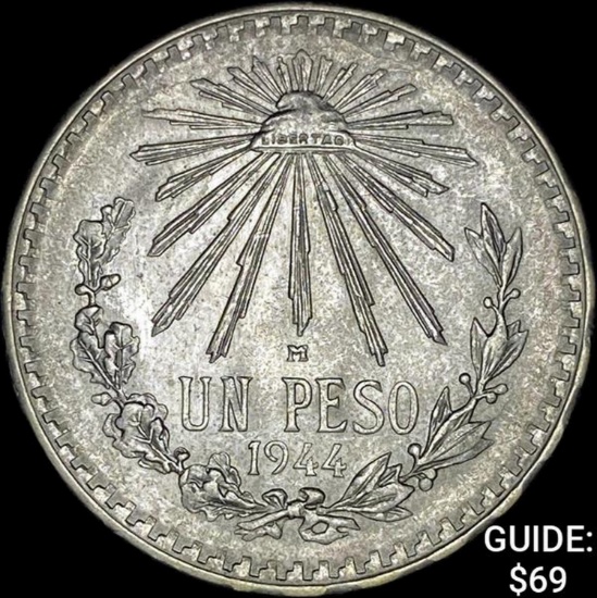 1944-M Mexico Silver Peso Cap & Ray UNCIRCULATED