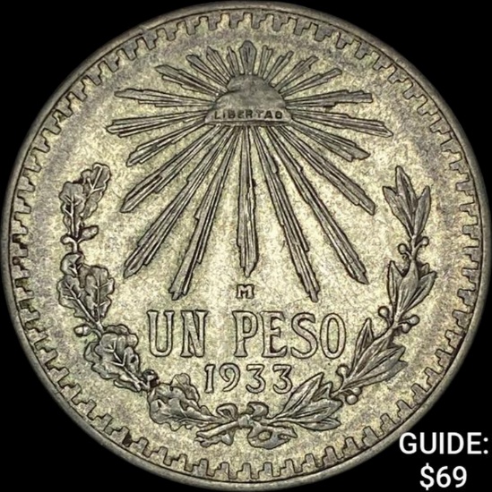 1938-M Mexico Silver Peso Cap & Ray NEARLY UNCIRCULATED