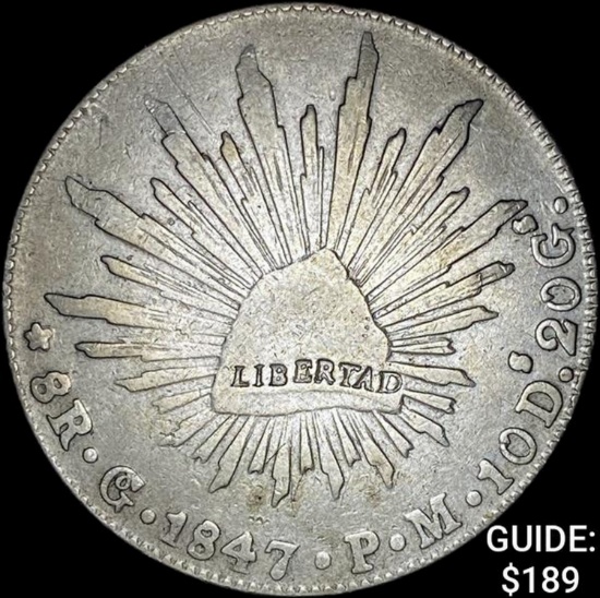1847Go PM Mexico Silver 8 Reales Cap & Ray ABOUT UNCIRCULATED