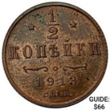 1913 Russia Copper 1/2 Kopeck GEM BU