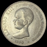 1890 Spain Alfonso XIII Silver 5 Plesetas CLOSELY UNCIRCULATED