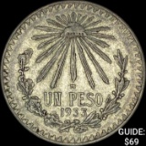 1938-M Mexico Silver Peso Cap & Ray NEARLY UNCIRCULATED