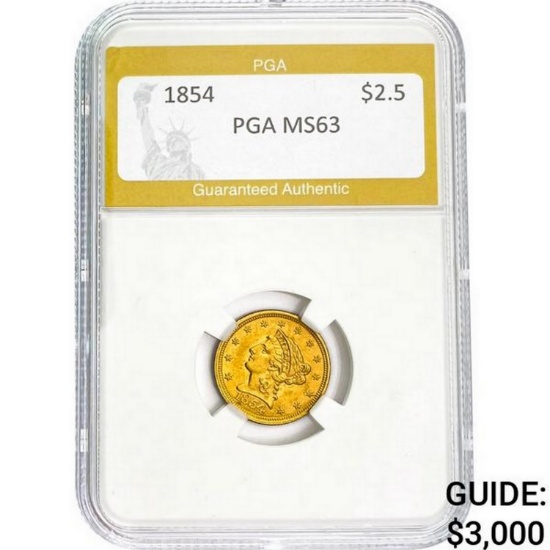 1854 $2.5 Liberty Head Gold PGA MS63