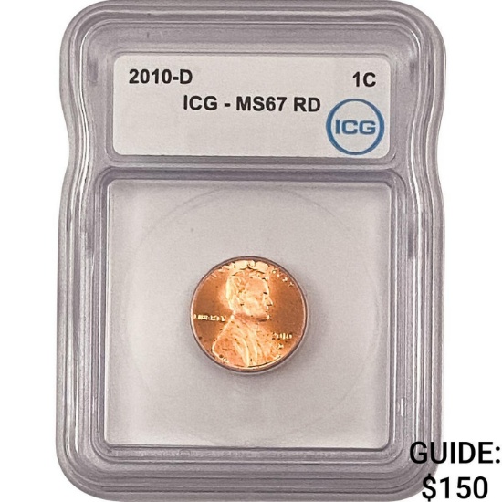 2010-D Union Shield Lincoln Cent ICG MS67 RD