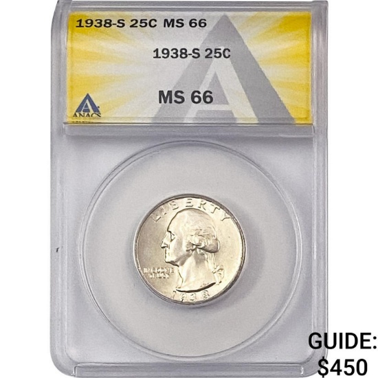 1938-S Washington Silver Quarter ANACS MS66