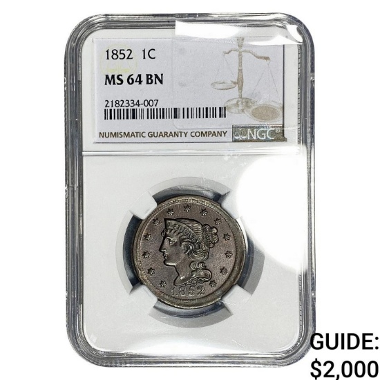 1852 Braided Hair Large Cent NGC MS64 BN