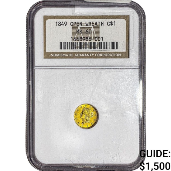 1849 Rare Gold Dollar NGC MS60 Open Wreath