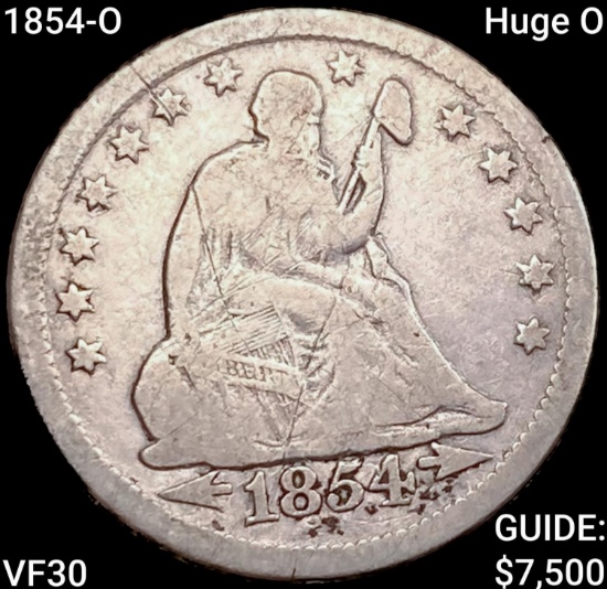 1854-O Huge O Seated Liberty Quarter LIGHTLY CIRCULATED