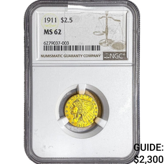 1911 $2.50 Gold Quarter Eagle NGC MS62